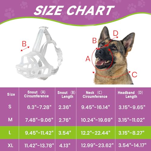 Glow-in-The-Dark Dog Muzzle, Basket Muzzle for Small Medium Large Dogs,Anti-Biting Chewing, Lightweight Cage Design,Allows Drinking & Panting,for Grooming & Training (Transparent Size L) (Size L Sout(9.45"-11.42"))