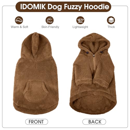 Fuzzy Dog Sweater with Adjustable Hood & Harness Hole (Medium / Brown)