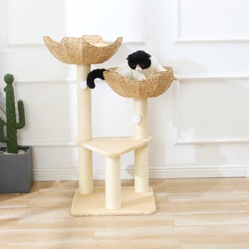 Cat Tree Tower with Rattan Wicker Basket (2~basket)