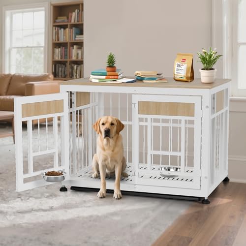 Large Dog Crate Furniture (Nature Wood & White / 42.9"L x 38.3"W x 30.0"H)
