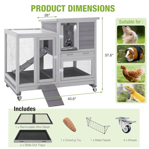 Indoor Rabbit Hutch Guinea Pig Cages with Chew (Grey / 40.6"L x 26.0"W x 37.3"H)