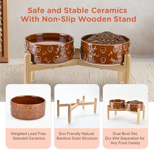 Elevated Dog Bowls Ceramic (7.3 in - 5.3 cups / Bronze - Skull)