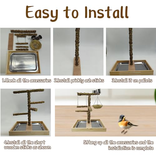 Bird Perch Natural Wood Stand Toy Parrot Play Stand Platform and Hanging Bird Nests Bird Cage with Removable Tray and 2 Stainless Steel Cups for Parakeets Canaries Cockatiels Conure Lovebirds