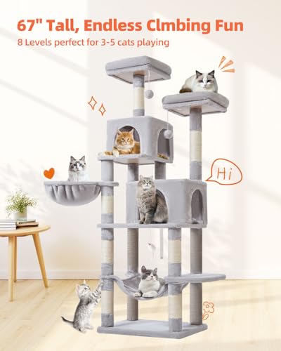 Cat Tree 66.2 in Tall Cat Tower with 2 Plush Cat Condos (67 inches / Light Gray)