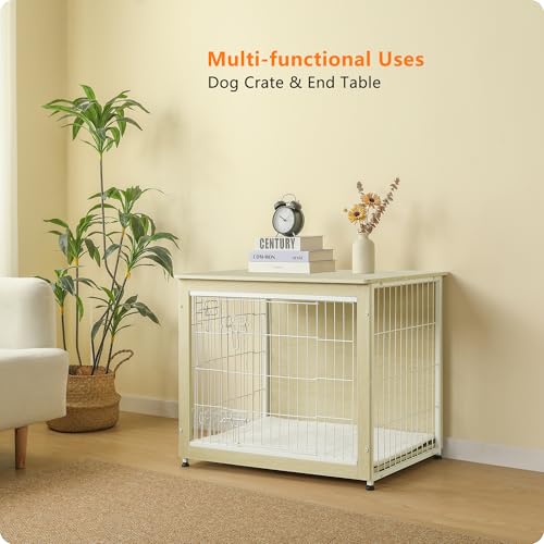 32.5" Dog Crate Furniture with Cushion (White Oak / 32.5"L x 21.9"W x 25.6"H)