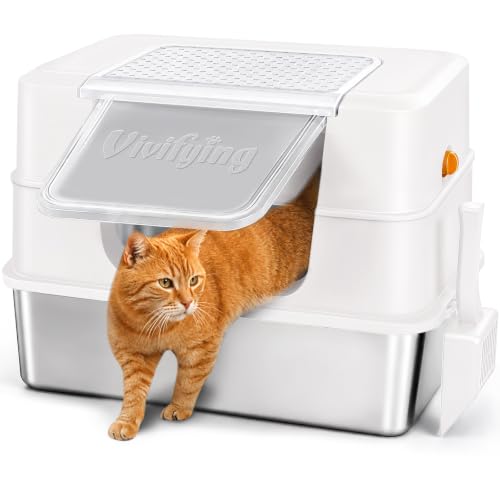 XL Enclosed Stainless Steel Cat Litter Box with Lid (White)