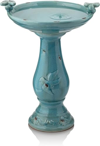 25" Tall Outdoor Ceramic Antique Pedestal Birdbath with 2 Bird Figurines (Turquoise)
