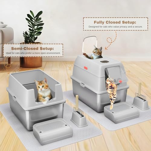 XXL Stainless Steel Sifting Litter Box with Lid (8" Gray with 6" Sifter XXL)