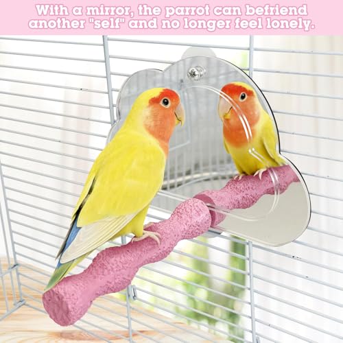 2 PCS Bird Perch with Mirror Resin Parakeet Perches Hanging Parrot Toys Interactive Bird Cage Accessories for Cockatiel Conure Lovebird Finch