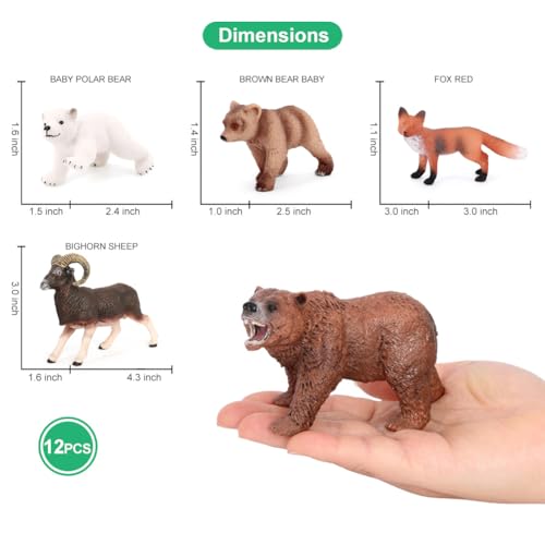 Safari Animal Figurines Toys 12PCS North America Figures Zoo Pack for Toddlers Kids Christmas Decoration Gift Preschool Educational Bald Eagle Bear Salmon Salamander Jungle Forest Cake Topper