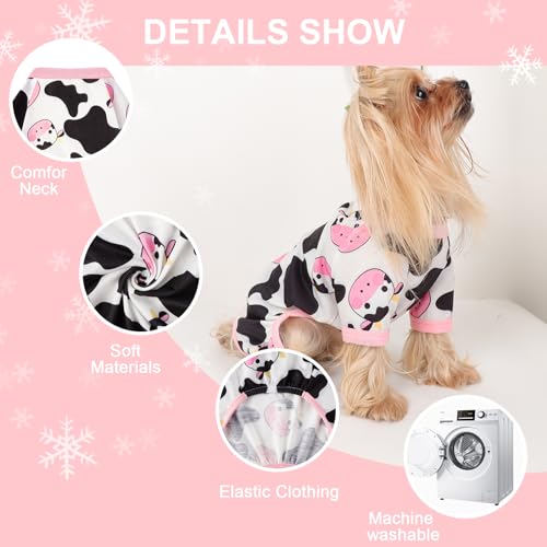 Dog Pajamas Small Sized Dogs Stretchable Summer Dog Clothes Pjs 4 Legs Girl Boy Cute Soft Puppy Outfits Doggie Cat Jammies Jumpsuit Sleeper for Pet (Pink Cow / X-Small (Chest 11in ))