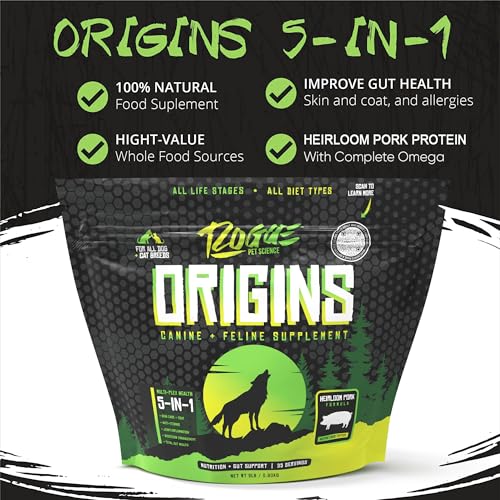 Origins 5-in-1 Dog Supplement - Powdered Food Topper w/Natural Heirloom Pork Protein- Supports Healthy Digestion, Skin, and Coat - Helps Reduce Itching & Joint Inflammation (2 lbs) (2 lb)