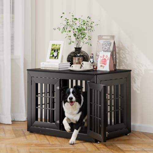 38" Heavy Duty Dog Crate Furniture for Large (37.4"L x 25.8"W x 27.4"H / Black)
