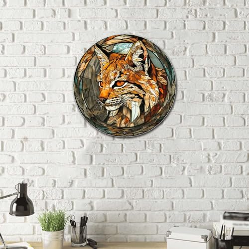 Metal Sign Tin Sign Circular Stained Glass Bobcat Funny Gardening Gift for Pet 12×12 Inches (12×12 Inches / Bobcat-2)