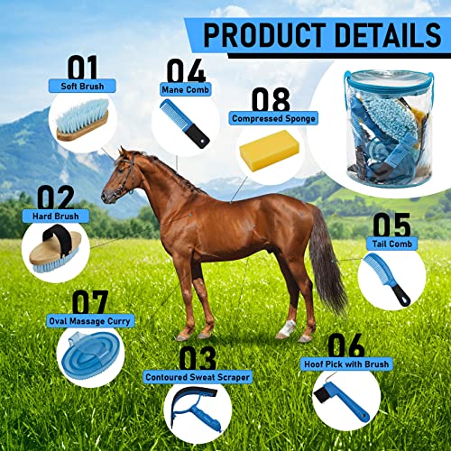 9 Pcs Horse Grooming Kit Tack Room Supplies (Cute / Blue)