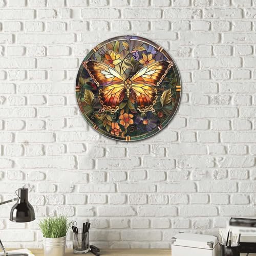 Metal Sign Tin Sign Circular Stained Glass Butterfly Wall Art for Club 12×12 Inches (12×12 Inches / Butterfly-4)