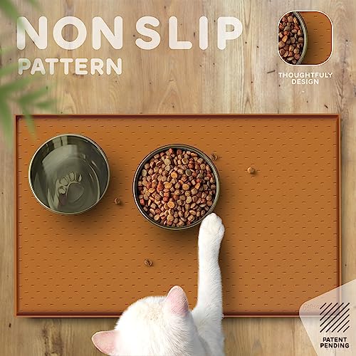 Dog Food Mat Raised Edges Dogs Mat for Food and Water Prevent Spill (18.5"L x 11.5"W / Paprika)