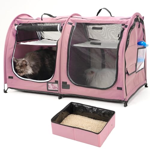 Portable Twin Compartment Show House Cat Cage Condo (Pink)