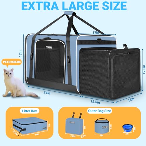 Side Expandable Extra Large Cat Carrier with Litter Box (Blue with Expandable Litter Box Area)