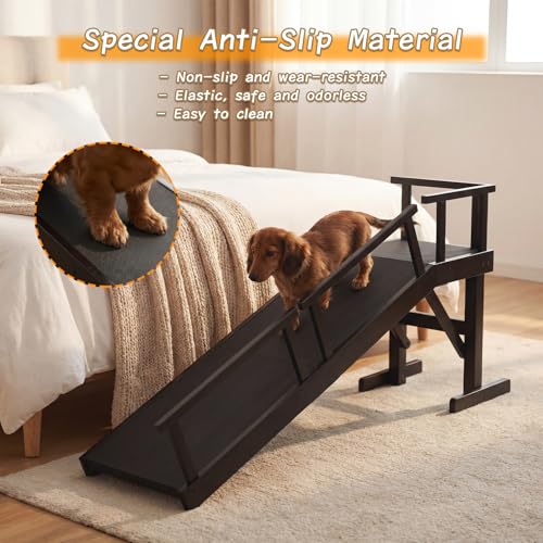 61" Dog Ramp for Bed with Rest Platform & Glow Strips (Black / 61"L x 20"H x 15.7"W)