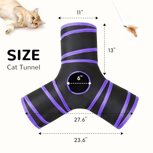 Cat Tunnel, 3-Way Collapsible Toy for Indoor Cats, Black & Purple (Black & Purple / Small)