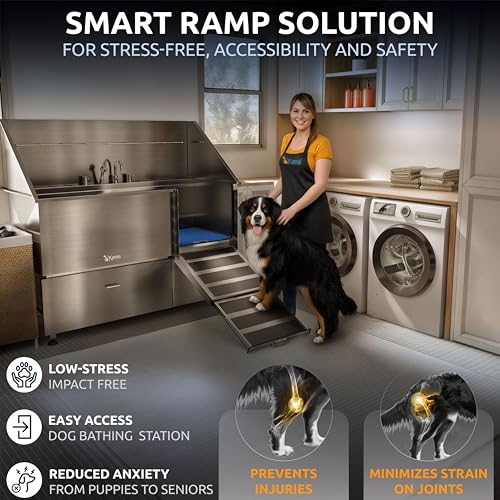 Professional Dog Washing Station 304 Stainless Steel Pet Wash Sink (Silver, Right Ramp, 2 Drawer / 61 Inches)