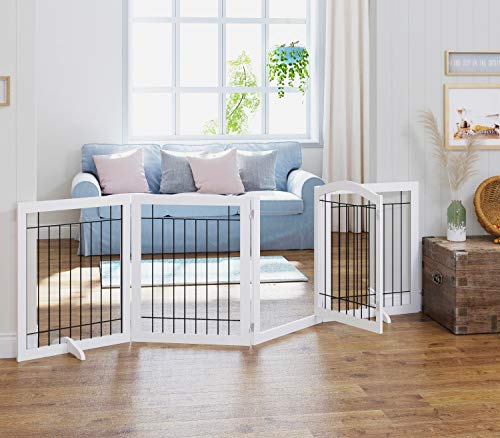 Freestanding Foldable Dog Gate Indoor with Door (White / 【4 Panels with Door】96"W x 30"H)