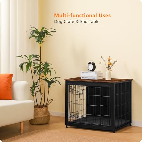 32.5" Dog Crate Furniture with Cushion (Black+Rustic Brown / 32.5"L x 21.9"W x 25.6"H)