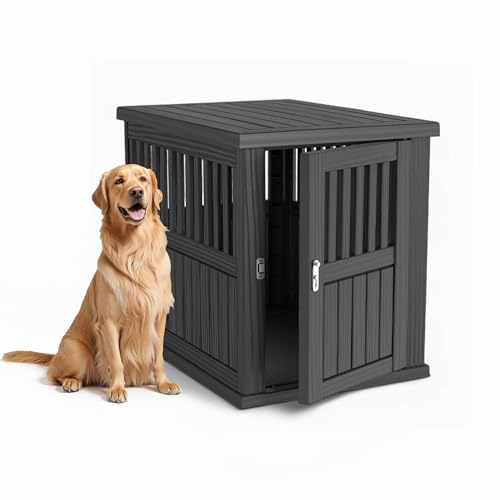 Dog House Resin Outdoor Dog Kennel with Ventilated Design (Black-A / 39.37*28.35*32.83 INCH)