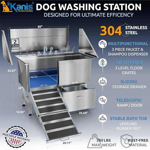 Professional Dog Washing Station 304 Stainless Steel Pet Wash Sink (Silver, Left Ramp, 1 Drawer / 50 Inches)