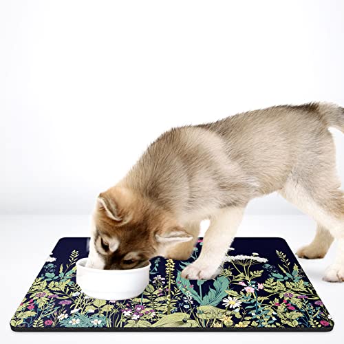 Dog Food Mat 16" x 24" Flower Absorbent Dog Cat Bowl Mat for Food and Water (Midnight Flower / 16"L x 24"W)
