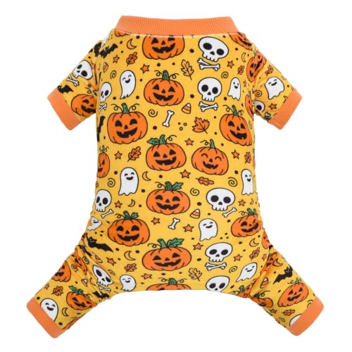 Small Dogs Outfit Soft Puppy Onesies Pjs Halloween Dog Pajamas Pet Coat Cat Apparel Comfy Doggie Jumpsuit Bodysuit for All Seasons P347L (Pumpkin Ghost / Large)