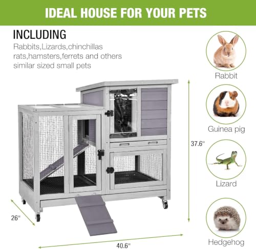 Rabbit Hutch Mobile Bunny Cage Indoor with Run Rabbit House for Small (40.6"L x 26.0"W x 37.6"H)