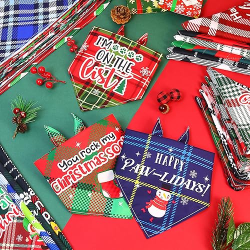 50 Pcs Christmas Plaid Dog Bandanas for Large Small Dog (Christmas Plaid Dog)