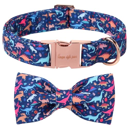 Cartoon Dog Collar with Bow Spring Summer Collar with Flower Dinosaur Park for Small Medium Large Boys Girls Dogs (L / Dinosaur Park bow)