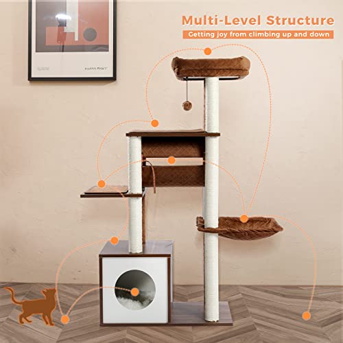 51.4in 6 Level Cat Tree for Indoor Cats with Swing Tunnel (Brown / L(25.6"L x 15.7"W x 51.4"H))
