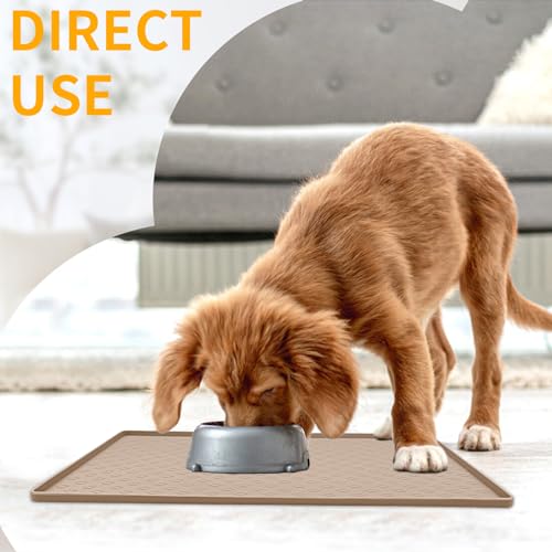 Dog Food Mat Waterproof Pet Bowl Mats with High Lips (24.5"L x 16.5"W / Taupe)