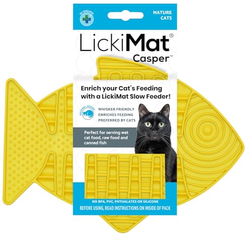 Casper, Fish-Shaped Cat Slow Feeders Lick Mat, Boredom Anxiety Reducer; Perfect for Food, Treats, Yogurt, or Peanut Butter. Fun Alternative to a Slow Feed Cat Bowl or Dish, Yellow (Yellow)