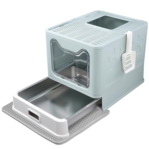Enclosed Cat Litter Box with Lid Top Exit Covered Metal Stainless Steel Litter Box Leak Proof & Odorless Easy to Clean Including Cat Litter Scoop and Litter Mat (Blue / One Size)