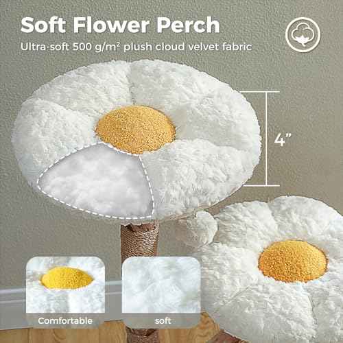 Modern Flower Cat Tree with Real Wood Branches & 2 Balls (Cloud White / 37.5" Solid Wood Cat Tree)