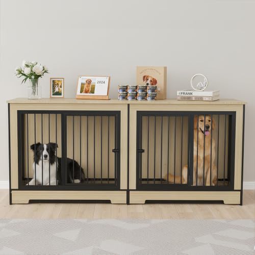 XL Double Dog Crate Furniture for Large Dogs Two Room Kennel with Trays (121 Inch Natural)