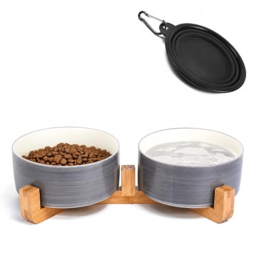 Dog Bowls Ceramic Cat Dog Bowl Set with Wood Stand for Food and Water (Grey White / 850ML*2)