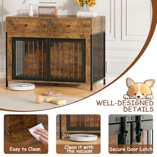 Large Dog Crate Furniture with 2 Drawers (Brown)