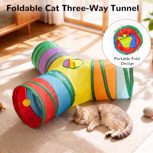 Cat Tunnel, 3-Way Collapsible Toy for Indoor Cats, Rainbow (Rainbow / Small)