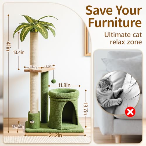 41" Cat Tree Tower Condo Scratch Post Stand for Indoor Small Cats (Emerald Green / 41 in)