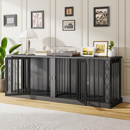 86.6" Wooden Double Dog Crate Furniture for 2 Large Dogs (Dark Black / 86.6"L x 23.6"W x 31.5"H)