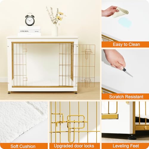 32.5" Dog Crate Furniture with Cushion (White+Gold / 32.5"L x 21.9"W x 25.6"H)