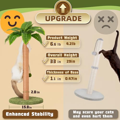 Cat Scratching Post 33 Inch Tall Cat Scratcher for Indoor Cats Adults (33 in Green Post)