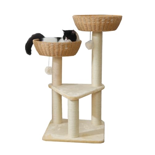 Cat Tree Tower with Rattan Wicker Basket (2 baskets)