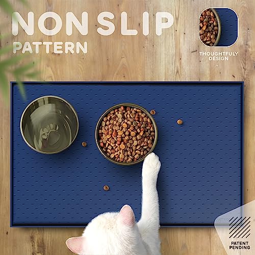Dog Food Mat Raised Edges Dogs Mat for Food and Water Prevent Spill (18.5" x 11.5" / Navy)